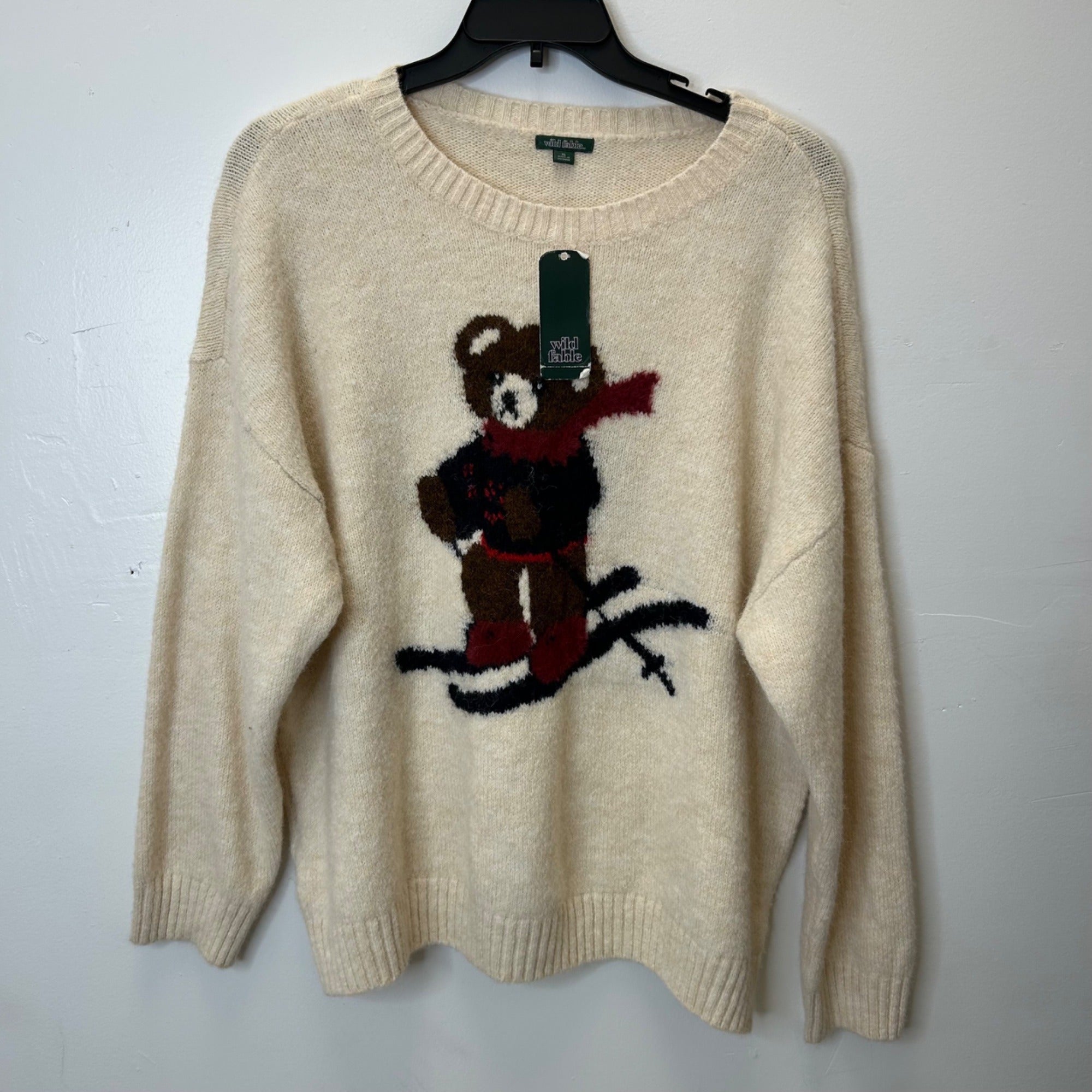 K-106 Wild Fable Women's Beige Sweater With Skiing Teddy Bear Design Size XL