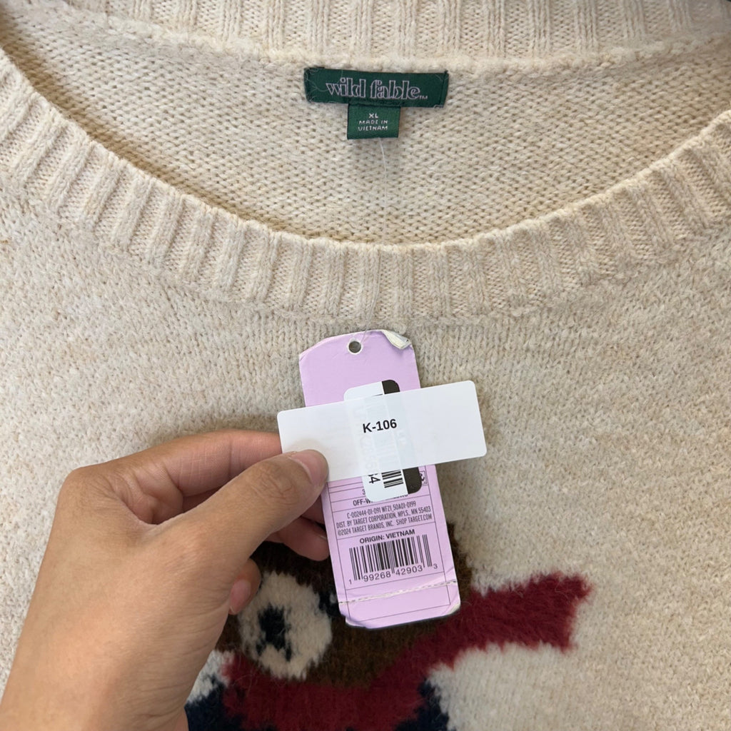 K-106 Wild Fable Women's Beige Sweater With Skiing Teddy Bear Design Size XL