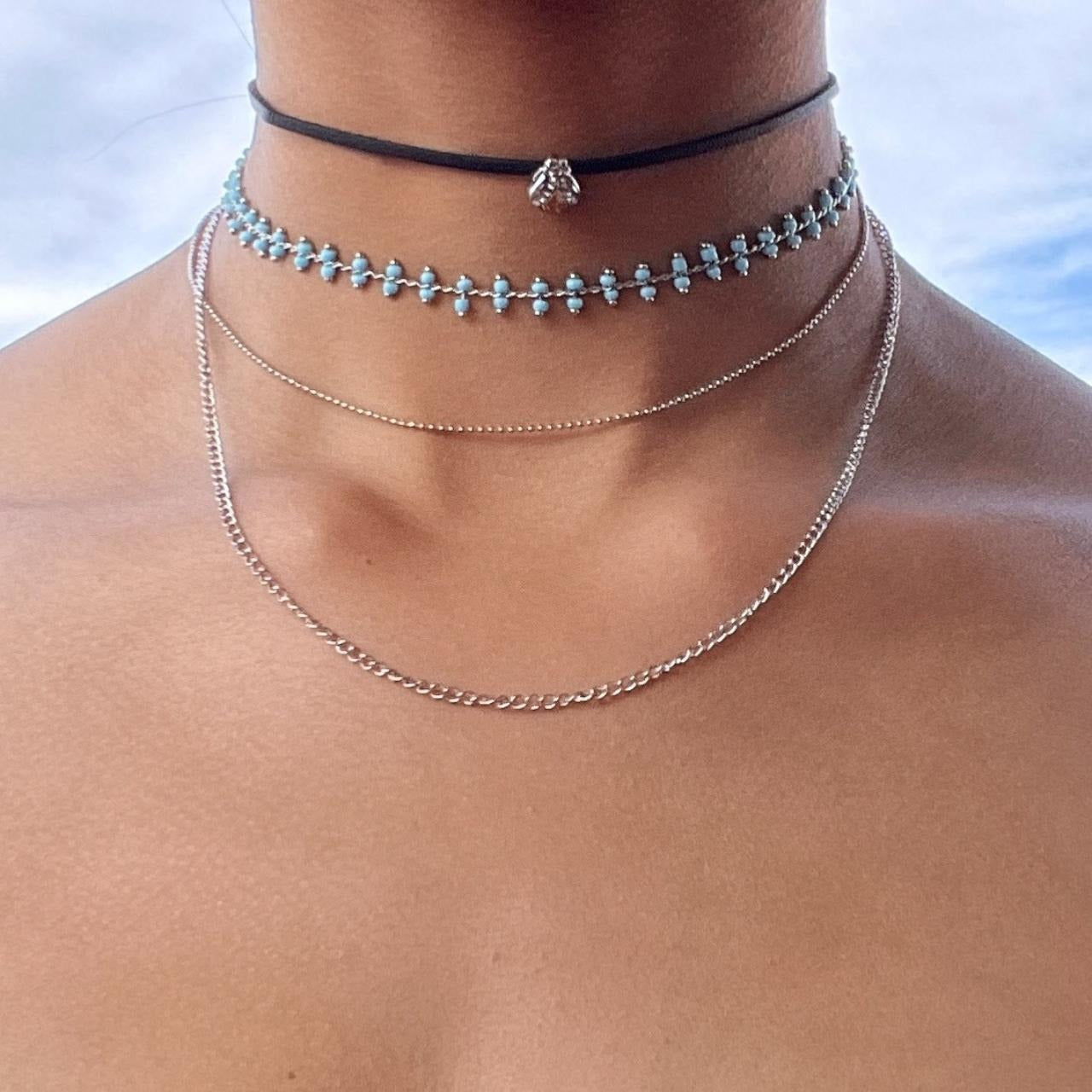Mia Collection Choker & Necklace Set, Bee Charm & Blue Accents Silver Chain