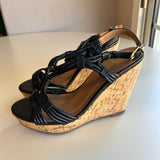 Delicious Black Cork Wedge Sandals With Strappy Design & Buckle Closure