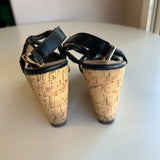 Delicious Black Cork Wedge Sandals With Strappy Design & Buckle Closure