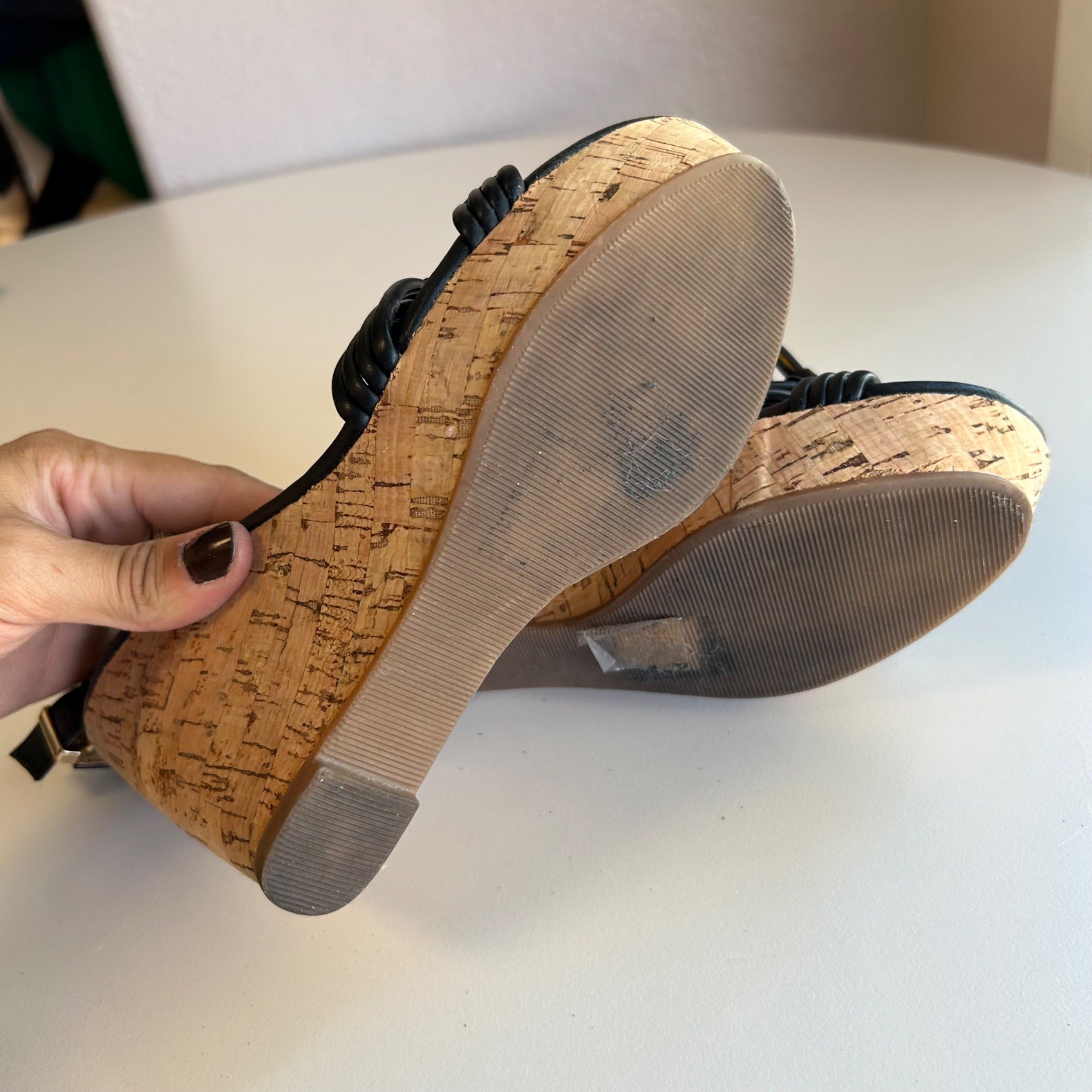 Delicious Black Cork Wedge Sandals With Strappy Design & Buckle Closure