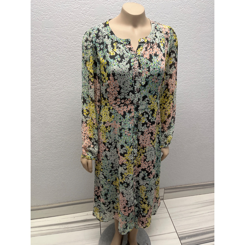 #1097 Floral Long-Sleeve Button-Front Midi Dress By Loft In Multicolor Size 6