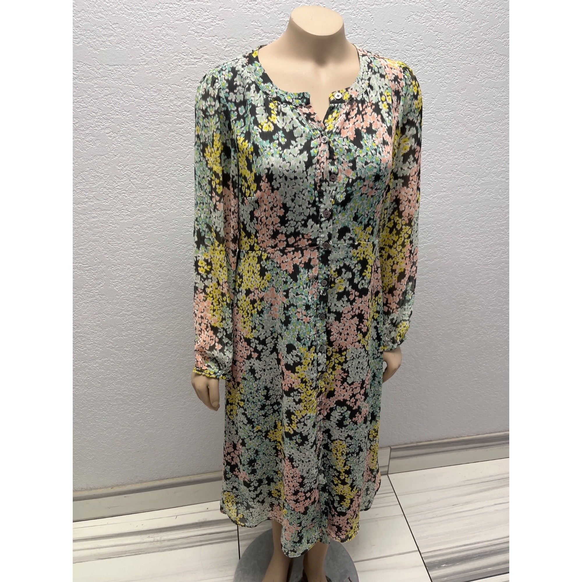 #1097 Floral Long-Sleeve Button-Front Midi Dress By Loft In Multicolor Size 6