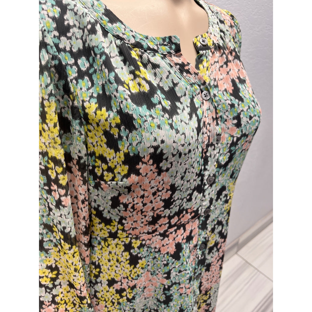 #1097 Floral Long-Sleeve Button-Front Midi Dress By Loft In Multicolor Size 6