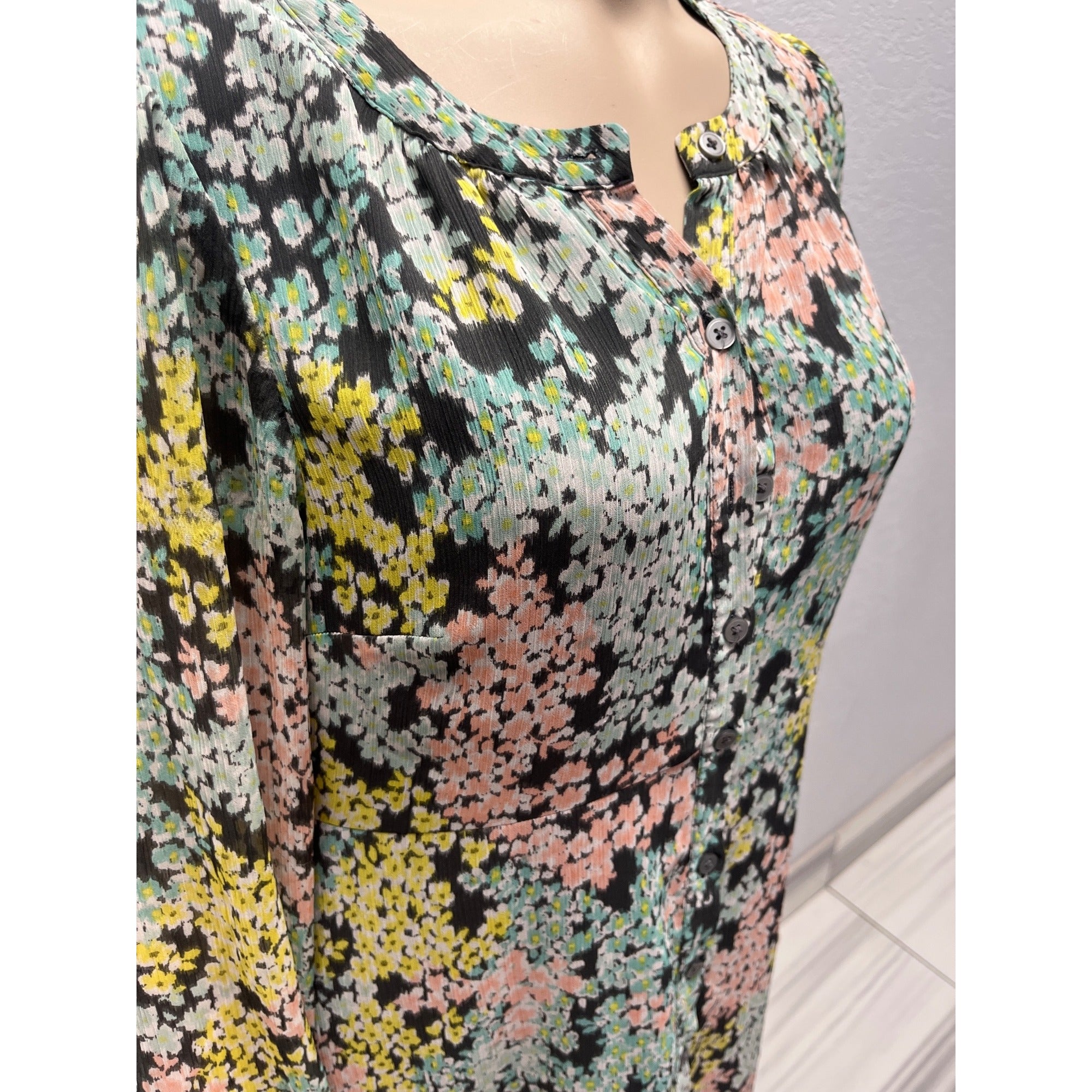 #1097 Floral Long-Sleeve Button-Front Midi Dress By Loft In Multicolor Size 6