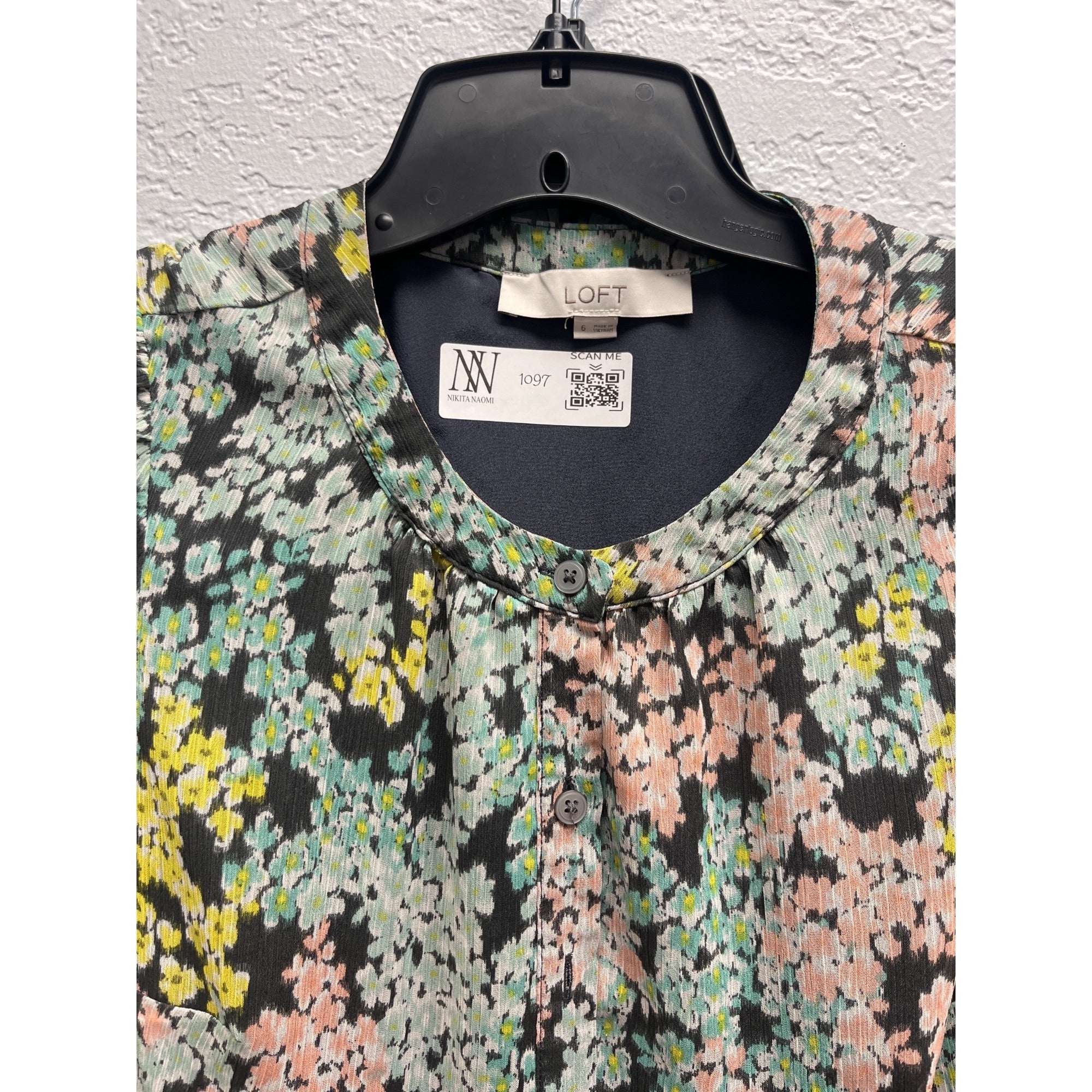 #1097 Floral Long-Sleeve Button-Front Midi Dress By Loft In Multicolor Size 6