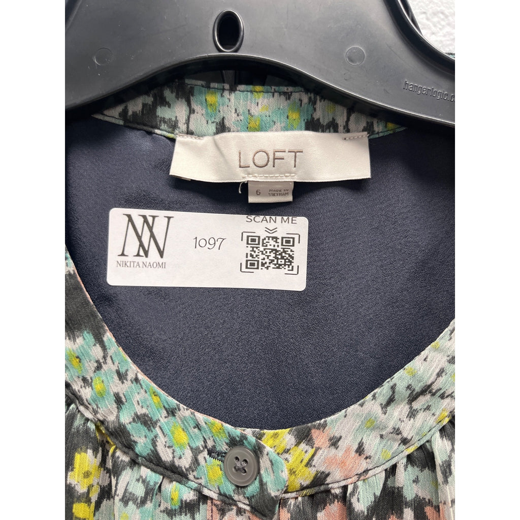 #1097 Floral Long-Sleeve Button-Front Midi Dress By Loft In Multicolor Size 6