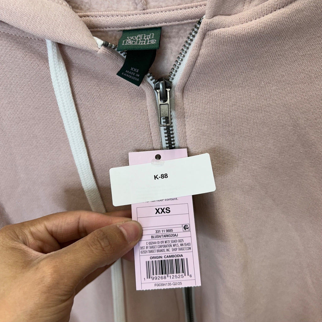K-88 Wild Fable Women's XXS Merrow Edge Hooded Zip-up Sweatshirt - Blush