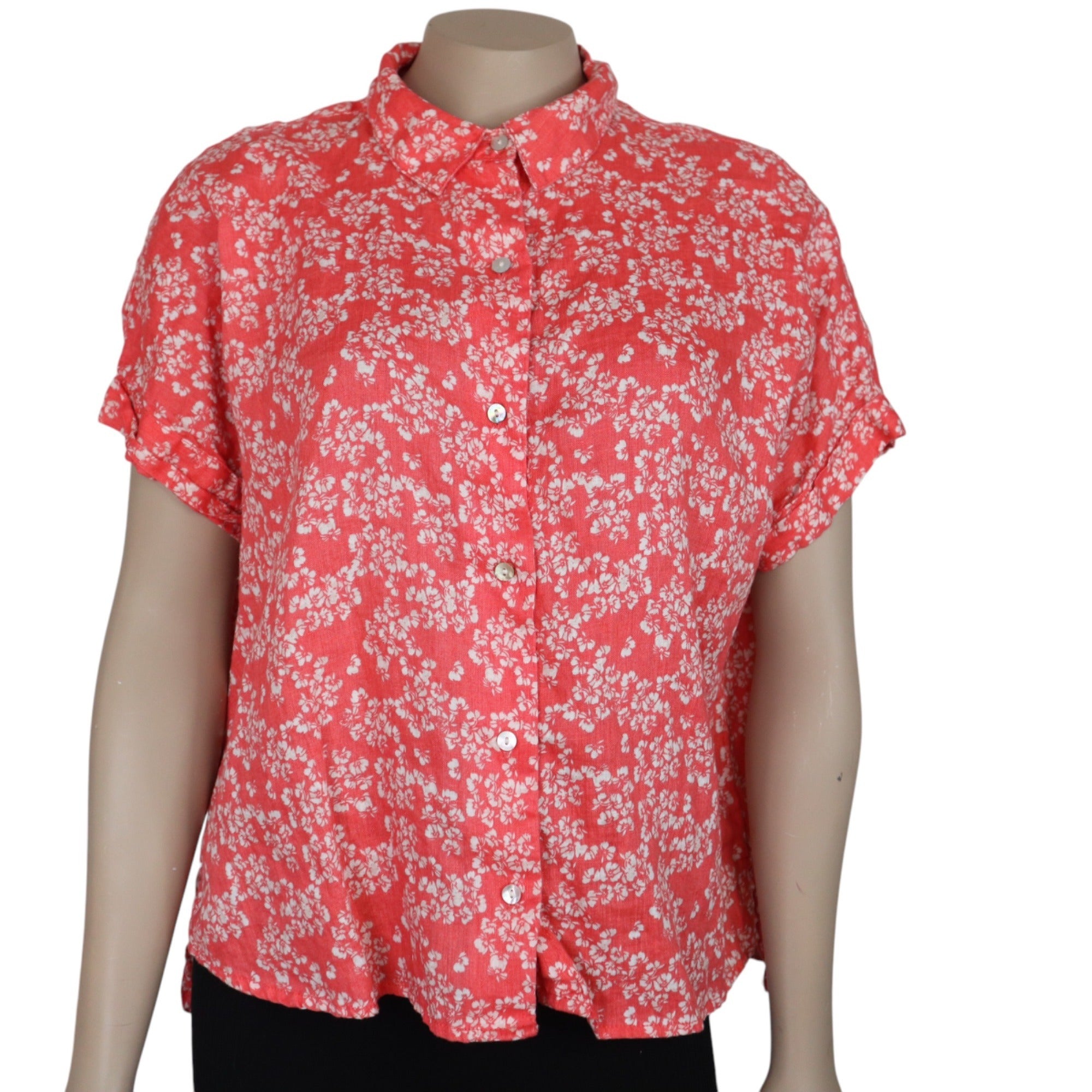Rachel Zoe Red Floral Button-Up Short Sleeve Linen Shirt, Small