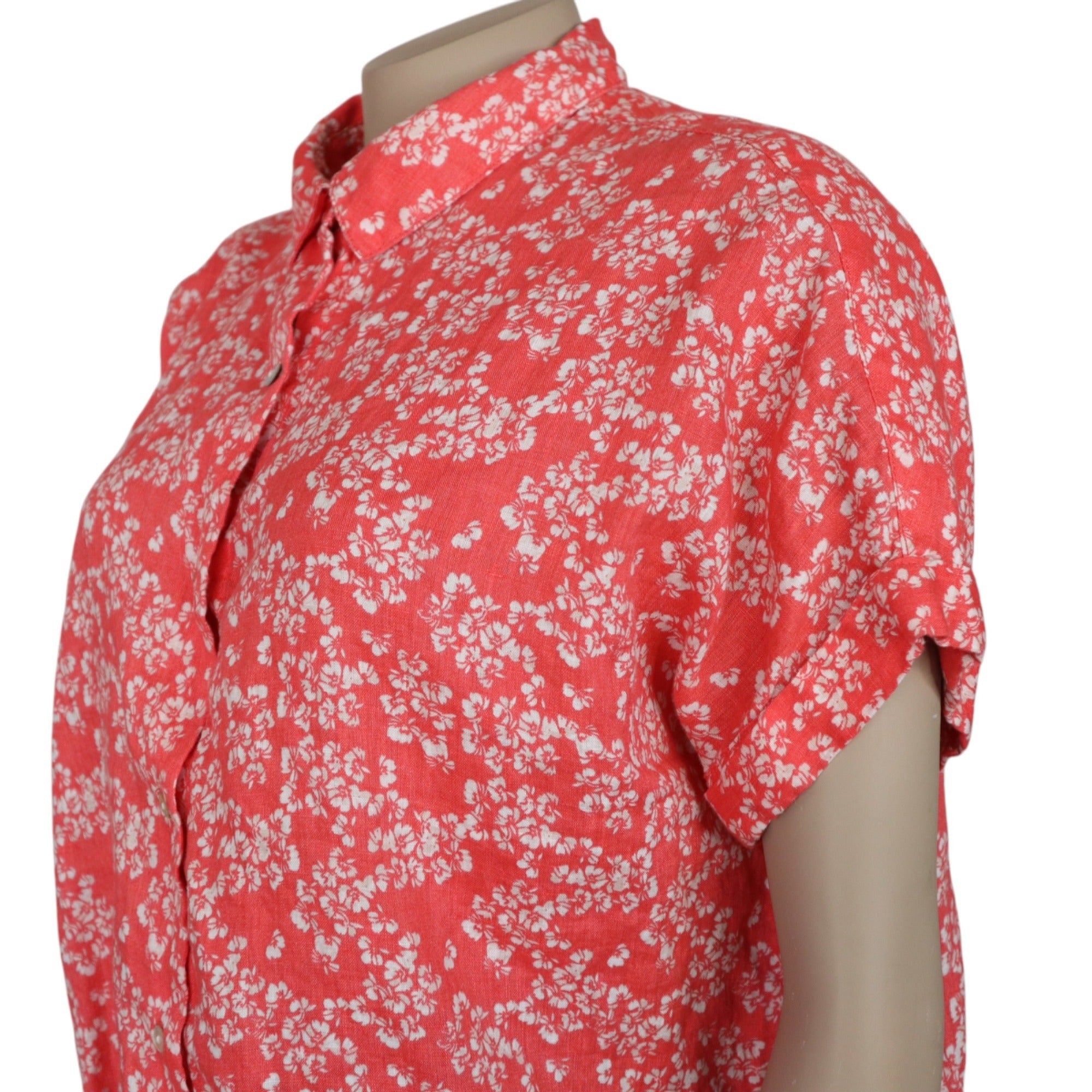 Rachel Zoe Red Floral Button-Up Short Sleeve Linen Shirt, Small