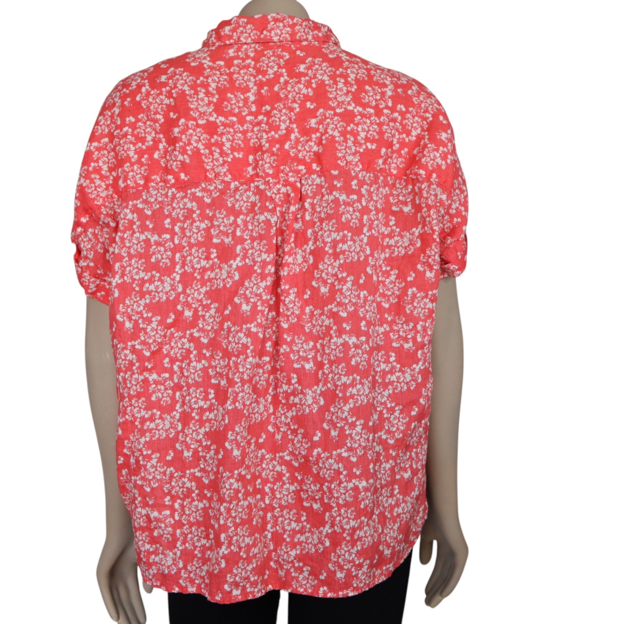 Rachel Zoe Red Floral Button-Up Short Sleeve Linen Shirt, Small