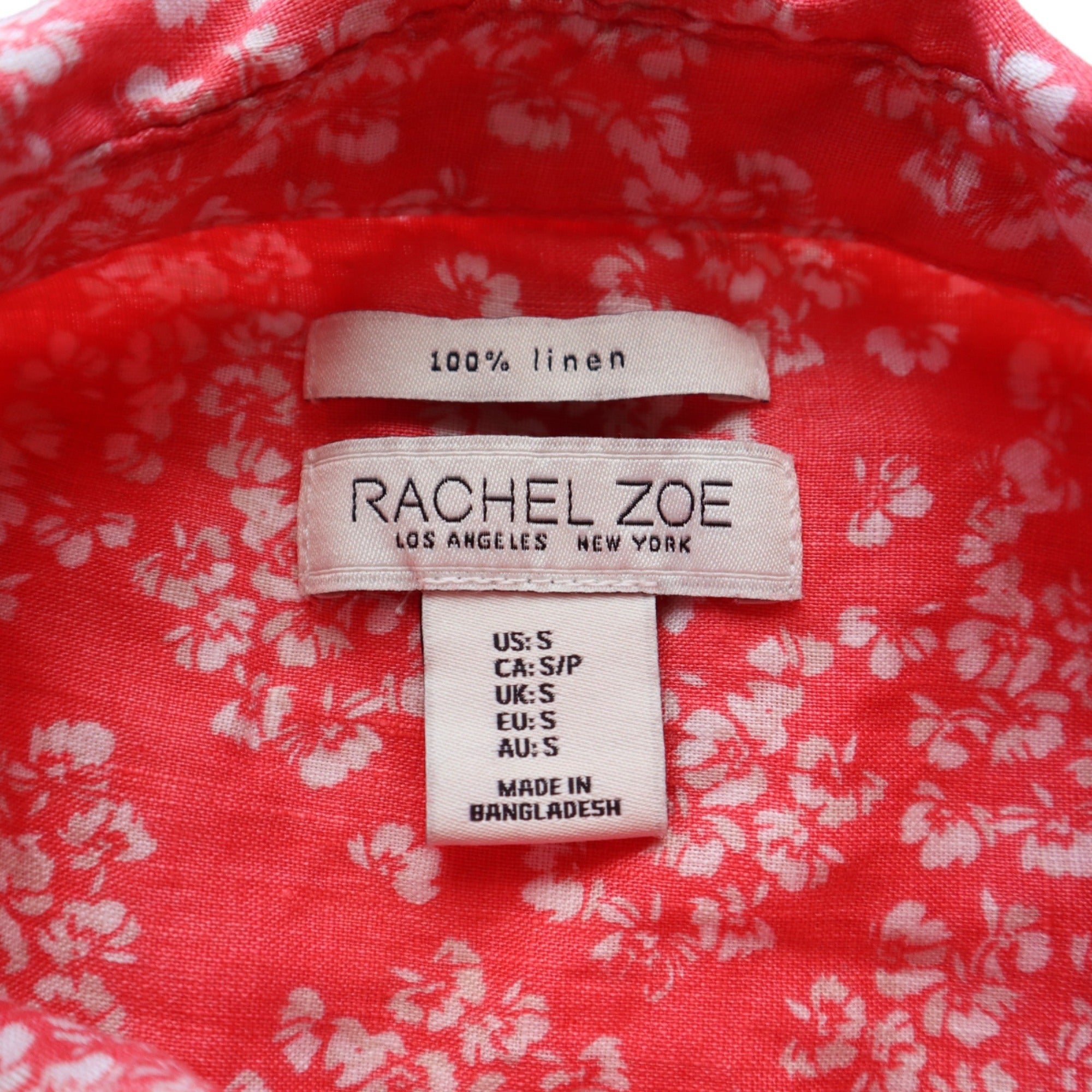 Rachel Zoe Red Floral Button-Up Short Sleeve Linen Shirt, Small