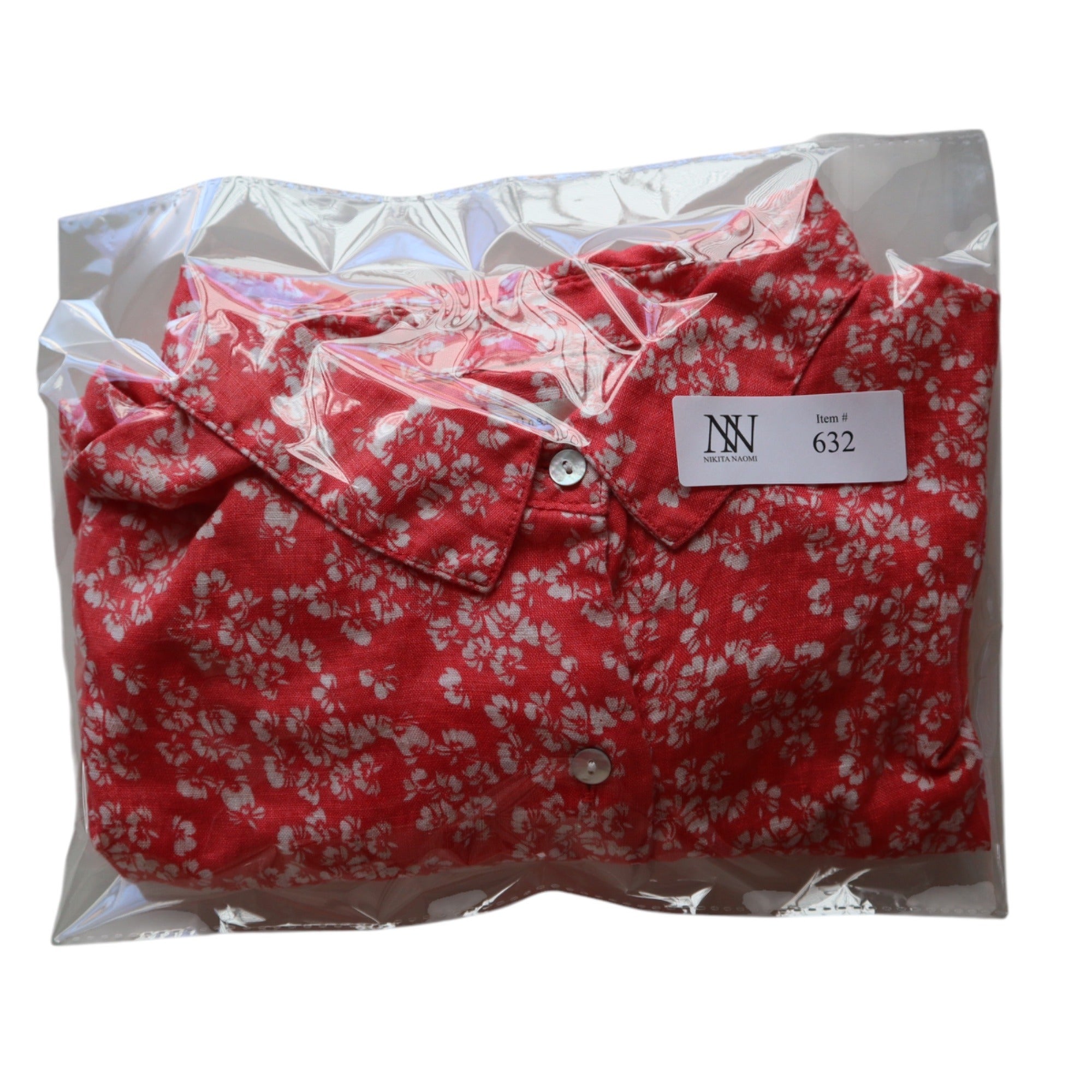 Rachel Zoe Red Floral Button-Up Short Sleeve Linen Shirt, Small