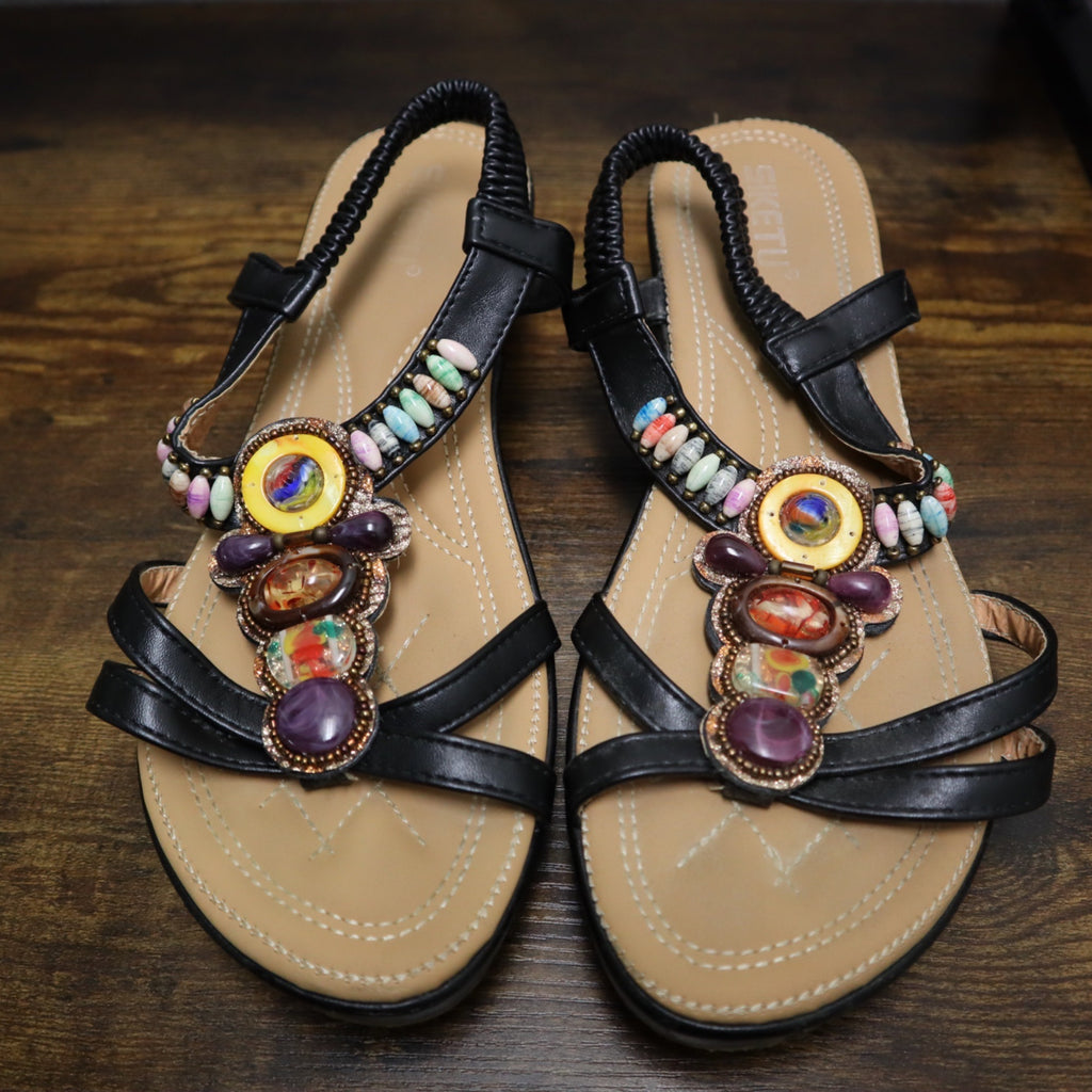 TG-47 Siketu Beaded Gemstone Accents Sandals Black Women's Size 42