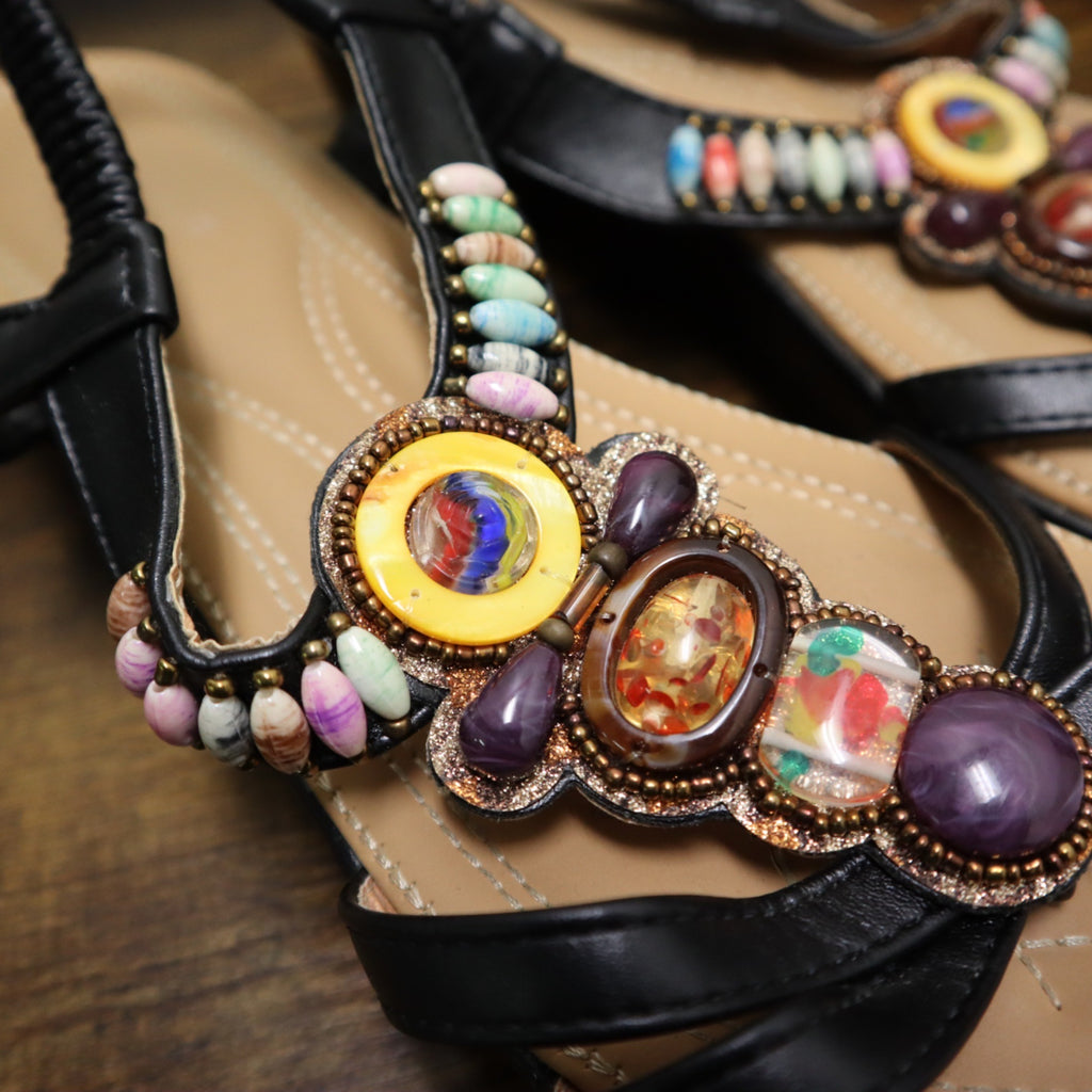 TG-47 Siketu Beaded Gemstone Accents Sandals Black Women's Size 42
