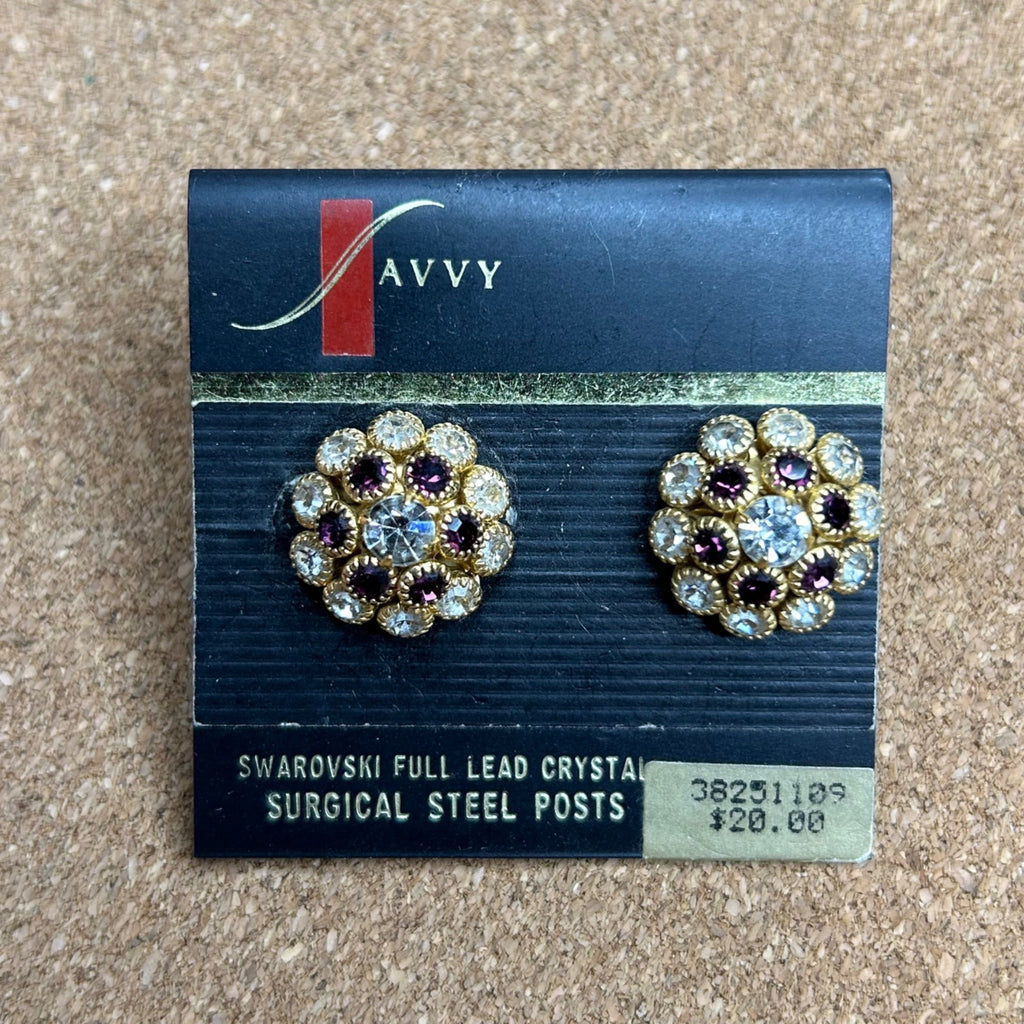 J-422 Savvy Swarovski Full Lead Crystal Earrings With Purple & Clear Stones