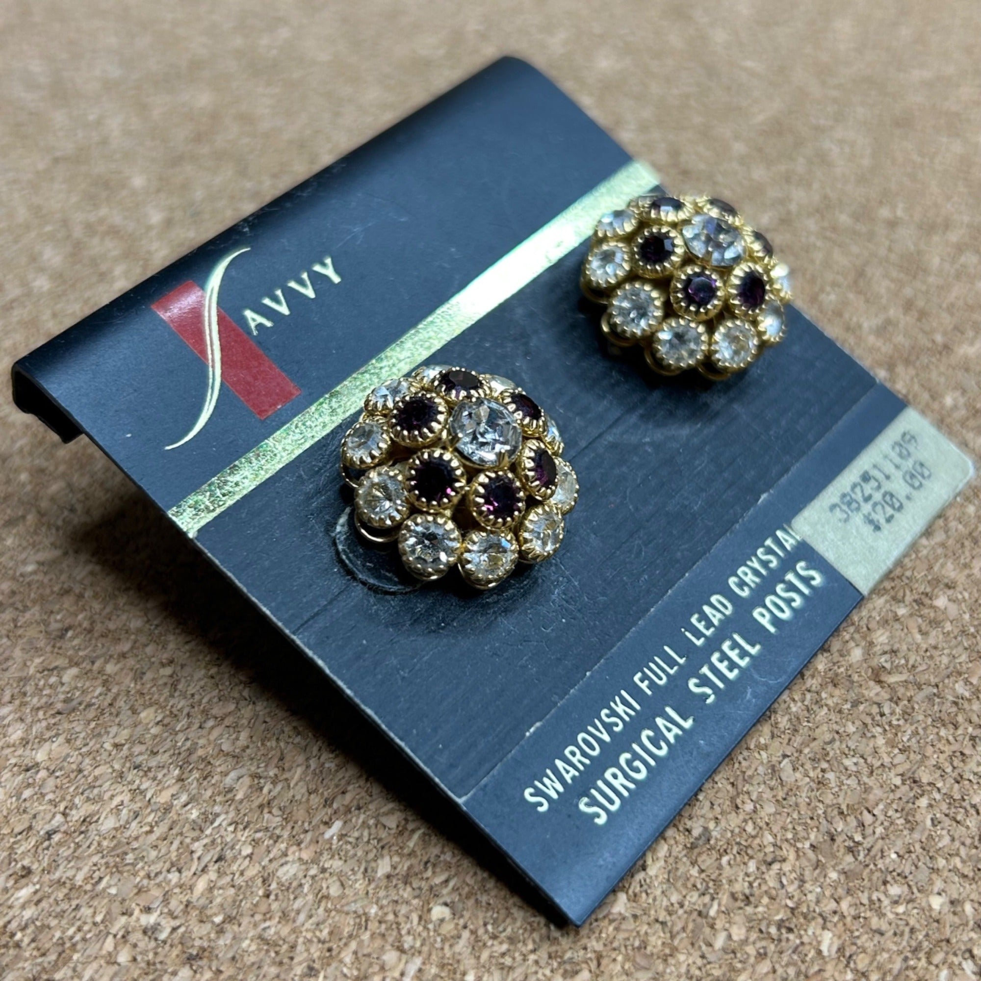 J-422 Savvy Swarovski Full Lead Crystal Earrings With Purple & Clear Stones