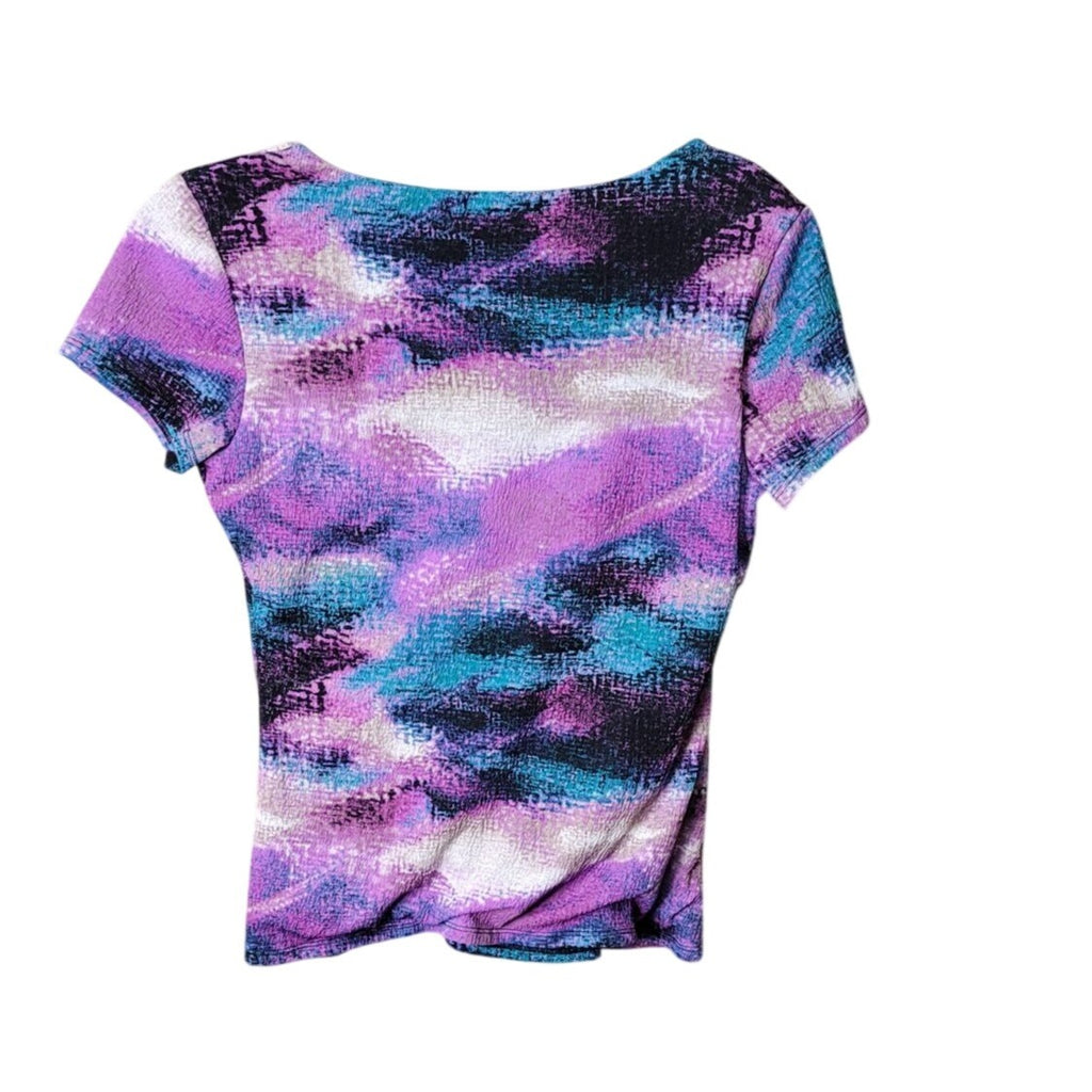 CG-15 Alfani Multicolor Abstract Print Short-Sleeve Ruched Scoop Neck Top Size Petite S