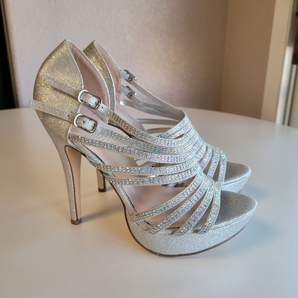 De Blossom Collection "Vice" Women's 7 Silver Glitter Open Toe Stiletto Heels