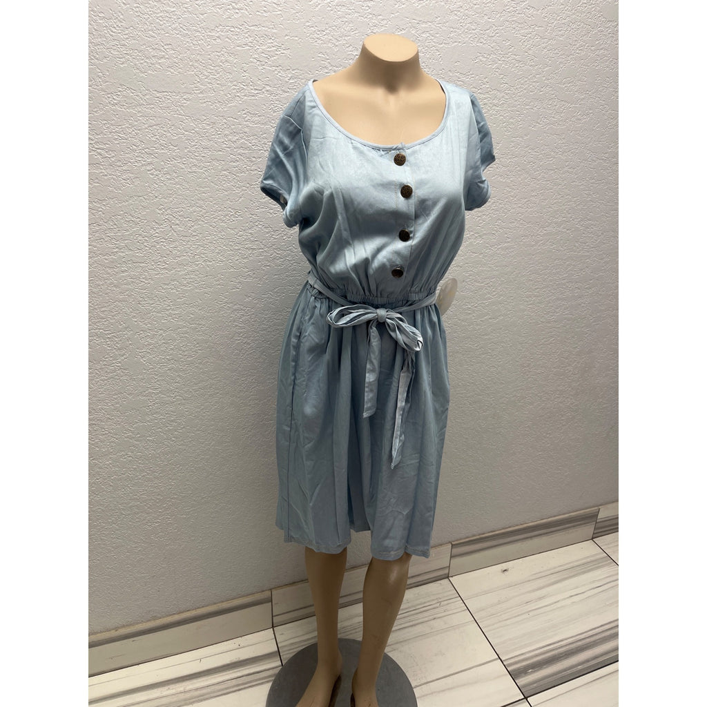 #1042 Emma Michele Size M Light Blue Short Sleeve Tie-Waist Midi Dress