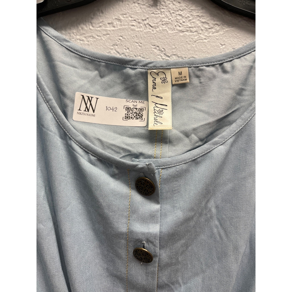 #1042 Emma Michele Size M Light Blue Short Sleeve Tie-Waist Midi Dress