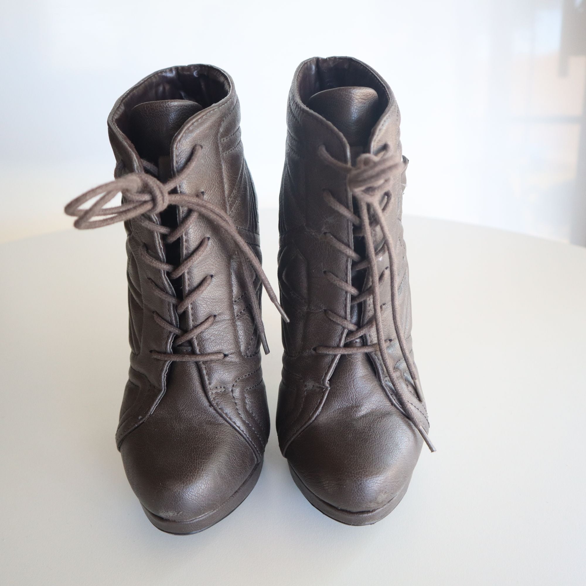 Paprika Brown Faux Leather High Heel Ankle Booties With Lace-Up & Buckle Detail