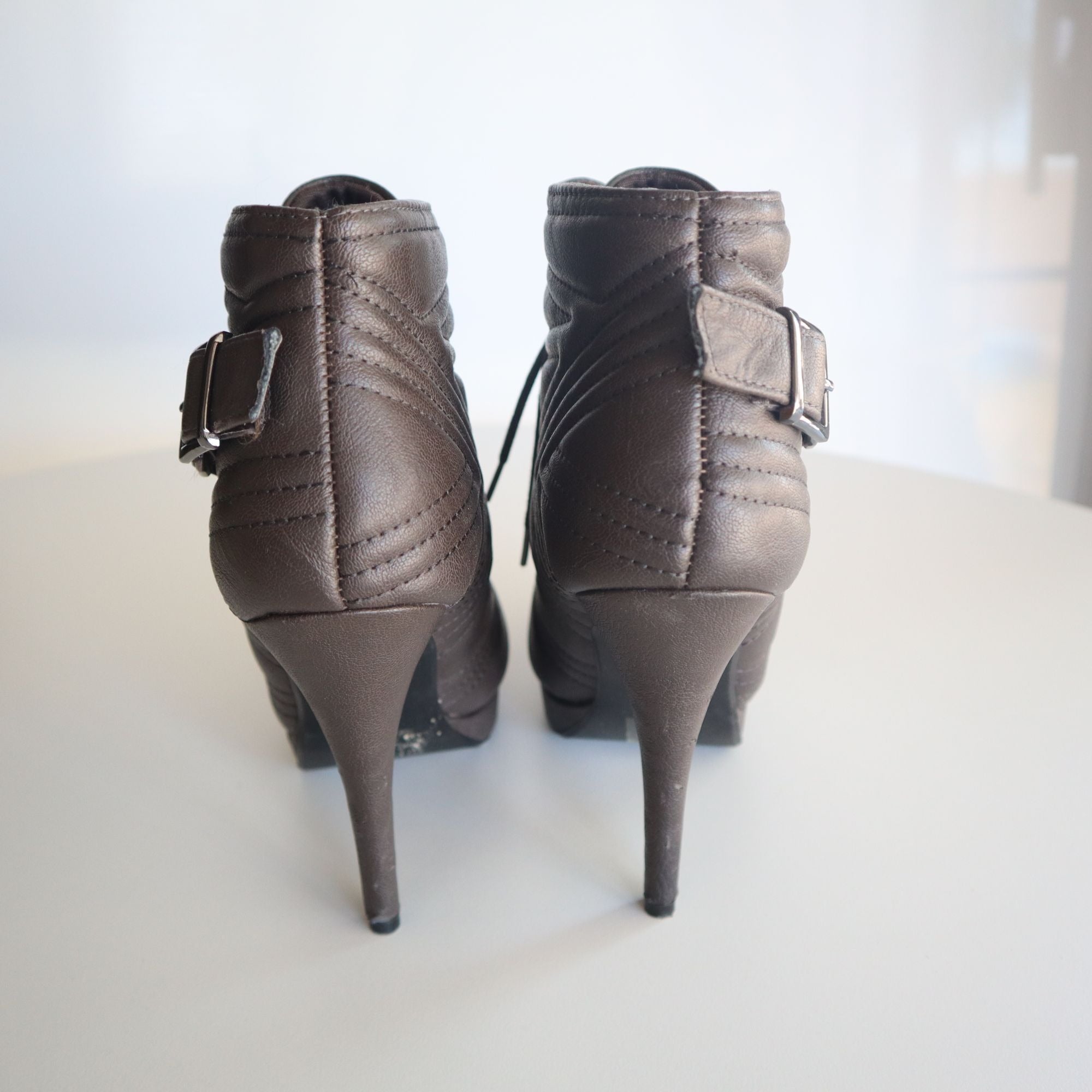 Paprika Brown Faux Leather High Heel Ankle Booties With Lace-Up & Buckle Detail