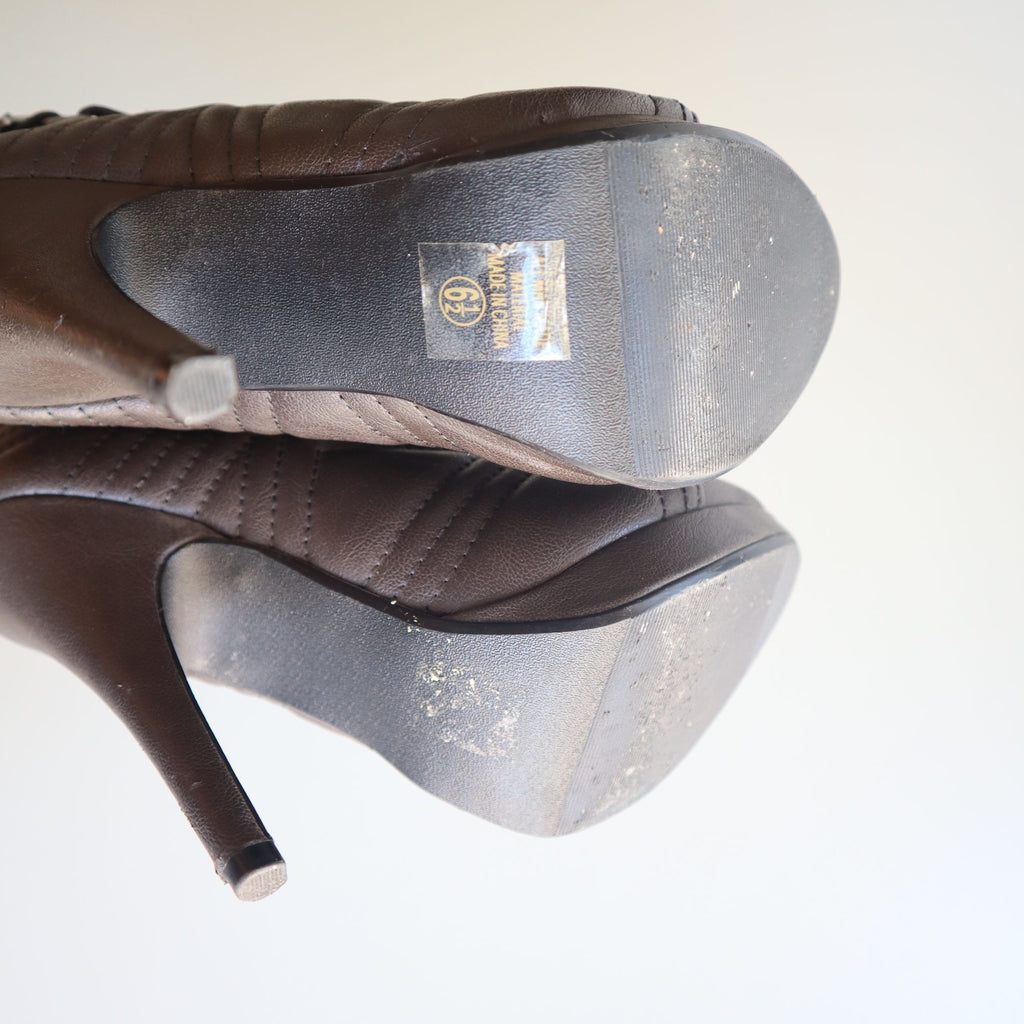 Paprika Brown Faux Leather High Heel Ankle Booties With Lace-Up & Buckle Detail