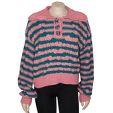 Zara Knit Striped Sweater Pink & Green Medium Button Collar Front