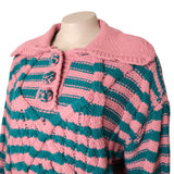 Zara Knit Striped Sweater Pink & Green Medium Button Collar Front