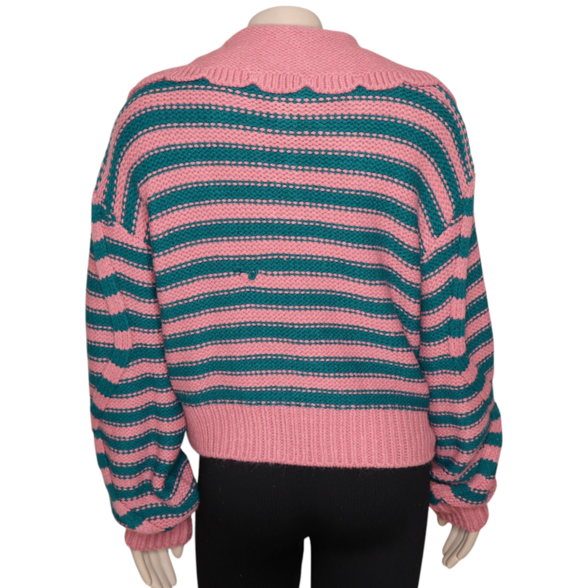 Zara Knit Striped Sweater Pink & Green Medium Button Collar Front