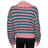 Zara Knit Striped Sweater Pink & Green Medium Button Collar Front