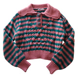 Zara Knit Striped Sweater Pink & Green Medium Button Collar Front