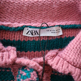 Zara Knit Striped Sweater Pink & Green Medium Button Collar Front