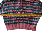 Zara Knit Striped Sweater Pink & Green Medium Button Collar Front