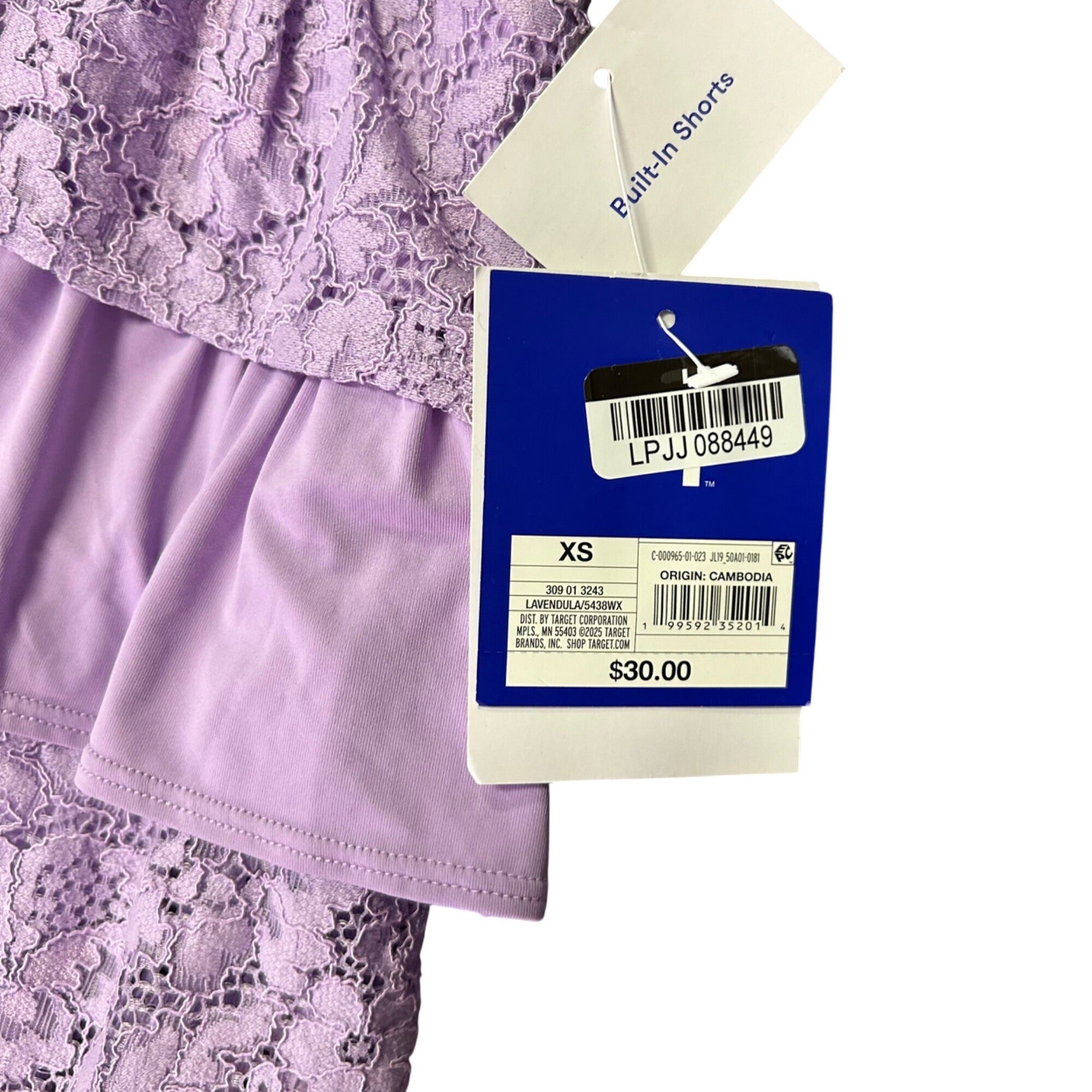 K-310 JoyLab Lavender Tiered Ruffle Lace Skirt With Built-In Shorts Size XS NWT