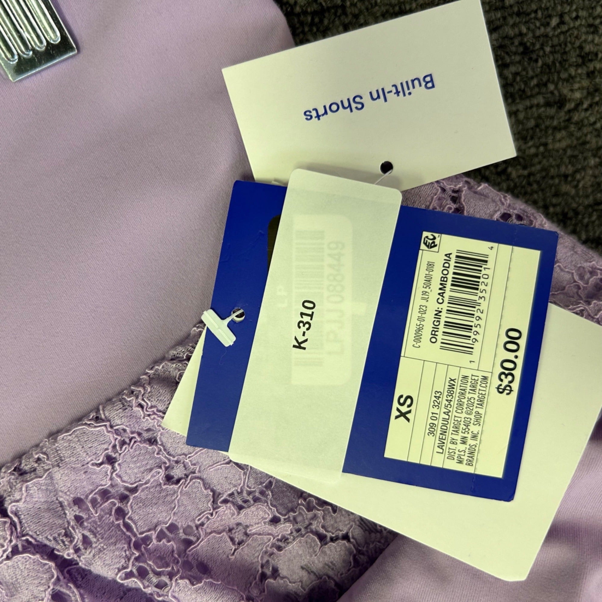 K-310 JoyLab Lavender Tiered Ruffle Lace Skirt With Built-In Shorts Size XS NWT