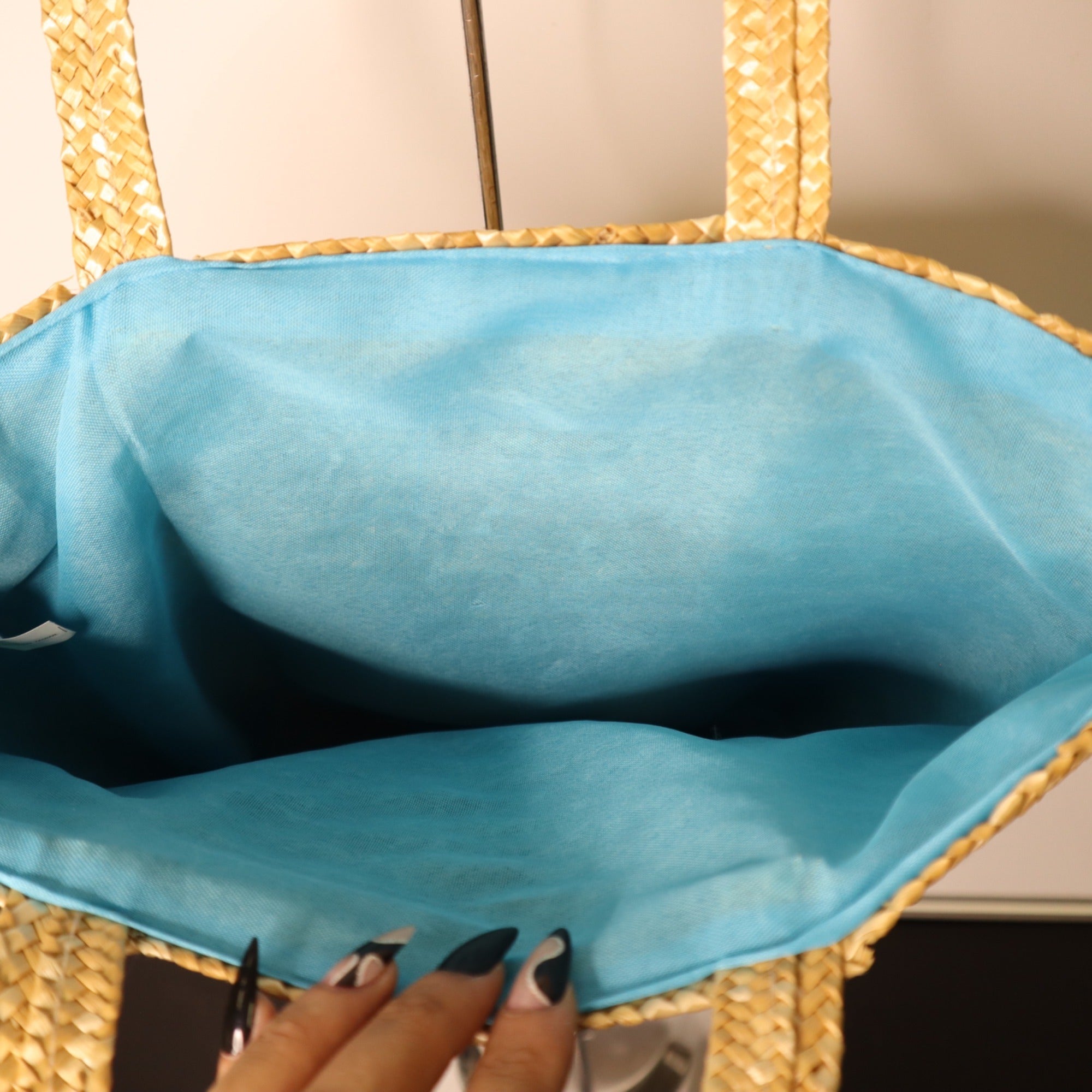 DG-174 Small Straw Woven Tote Bag With Blue Lining For Beach Or Casual Use
