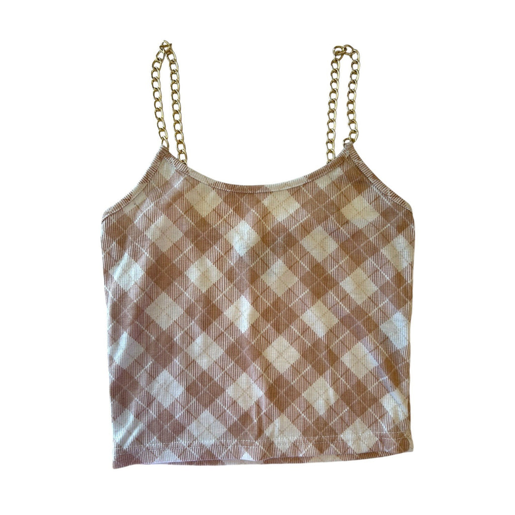 Faded Rose Tan Cropped Tank Top with Gold Tone Chain Straps Women's Small