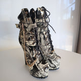 High Heel Platform Lace-Up Ankle Boots With Chain Detail & Magazine Print Size 6.5