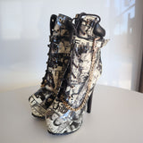 High Heel Platform Lace-Up Ankle Boots With Chain Detail & Magazine Print Size 6.5