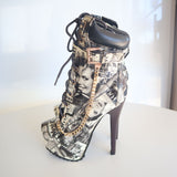 High Heel Platform Lace-Up Ankle Boots With Chain Detail & Magazine Print Size 6.5