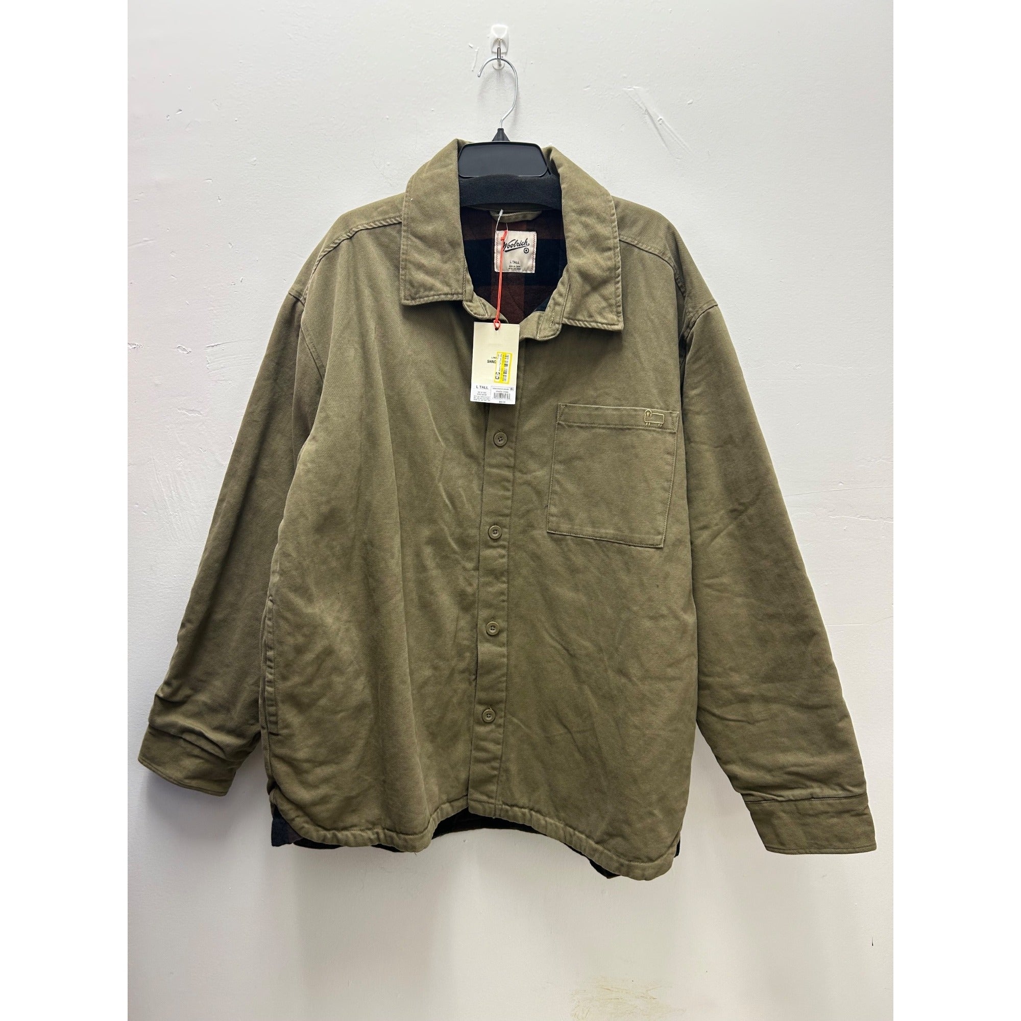 K-229 Woolrich Lined Button Front Olive Green Tall Shirt Jacket Men's Large