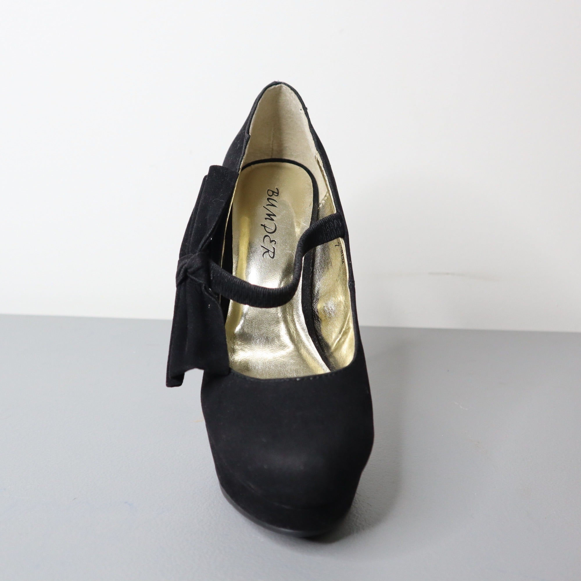 Bumper Black Suede Platform High Heels With Bow Accent Size 7