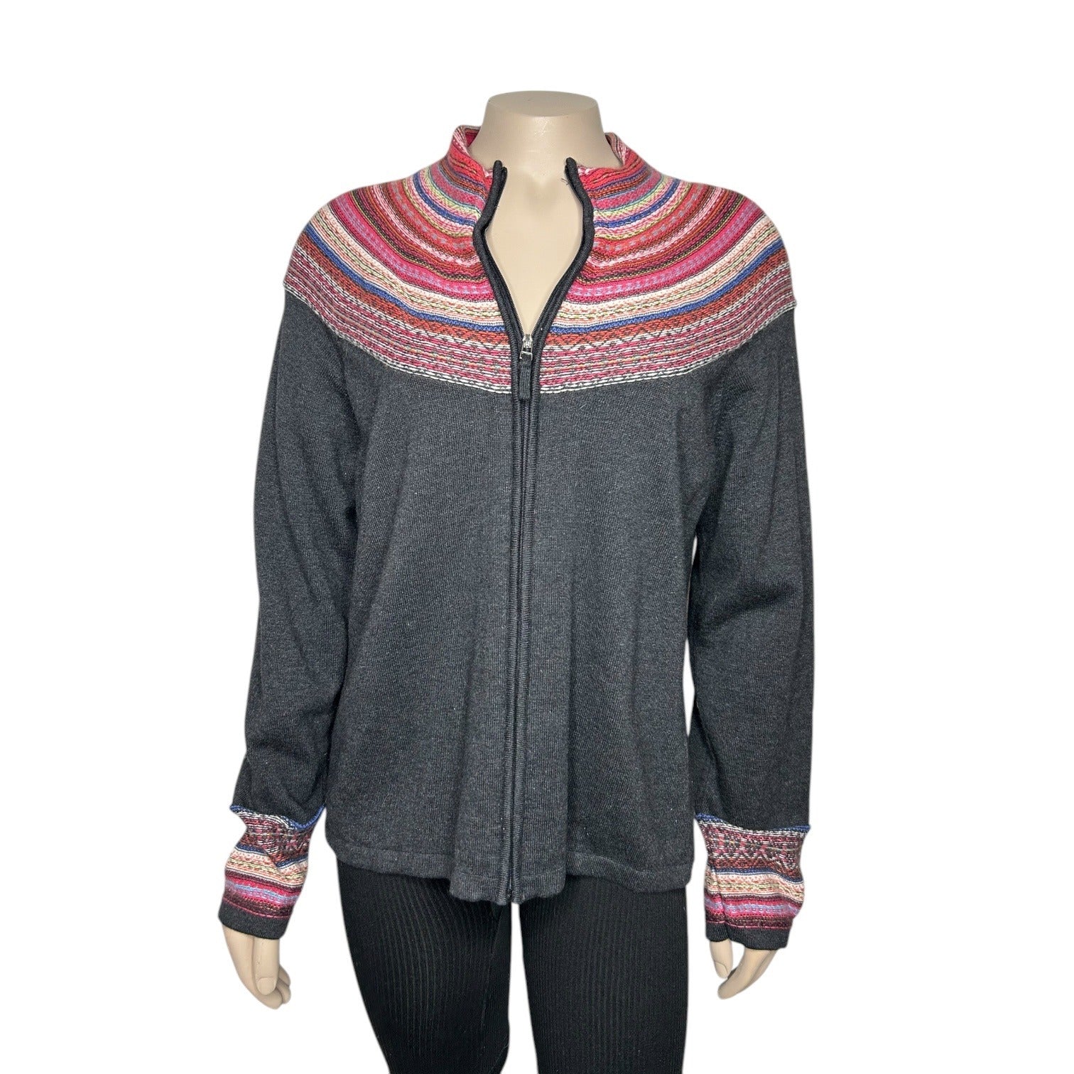 Liz Claiborne Women's Petite Large Gray with Multi-color Zip Up Knit Sweater
