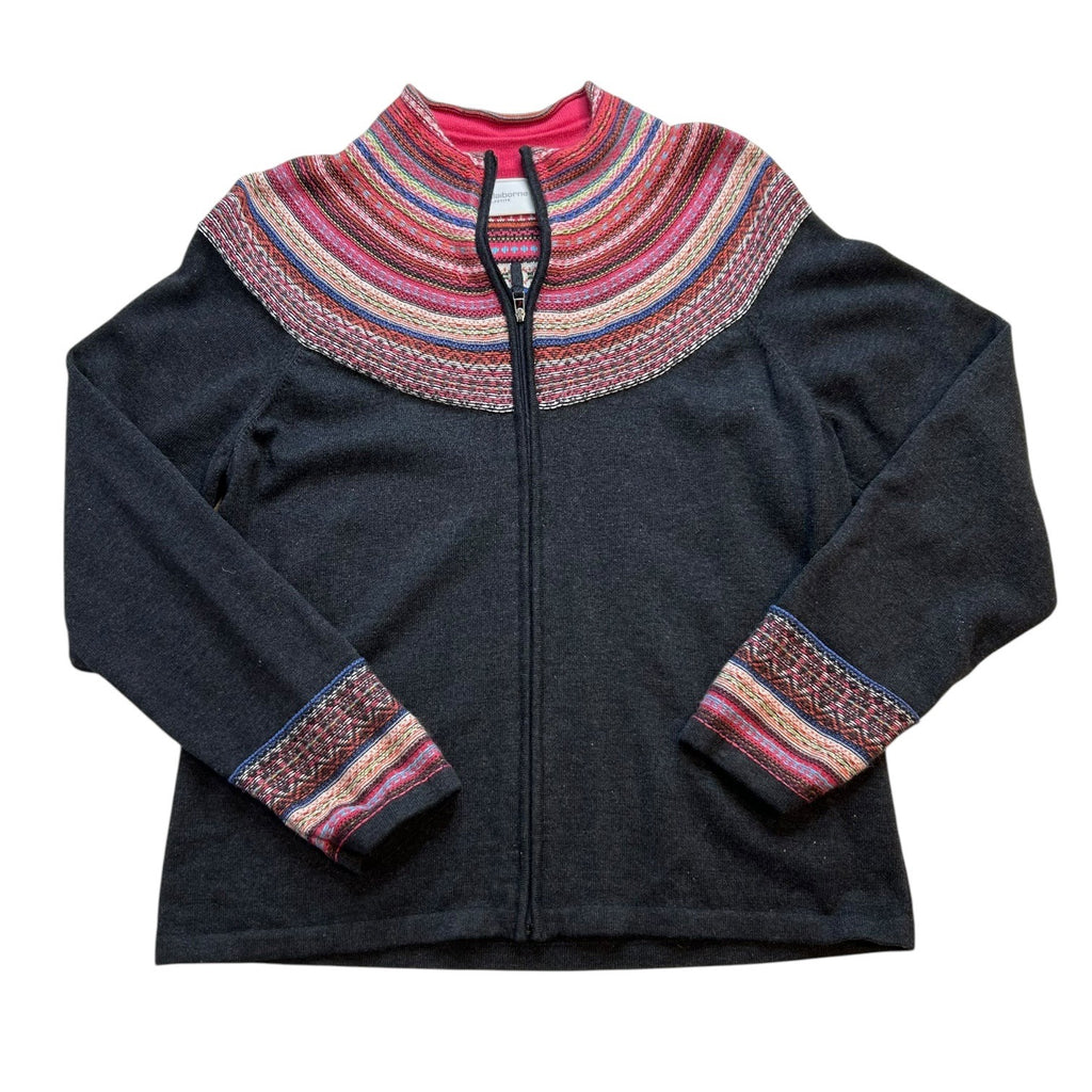 Liz Claiborne Women's Petite Large Gray with Multi-color Zip Up Knit Sweater