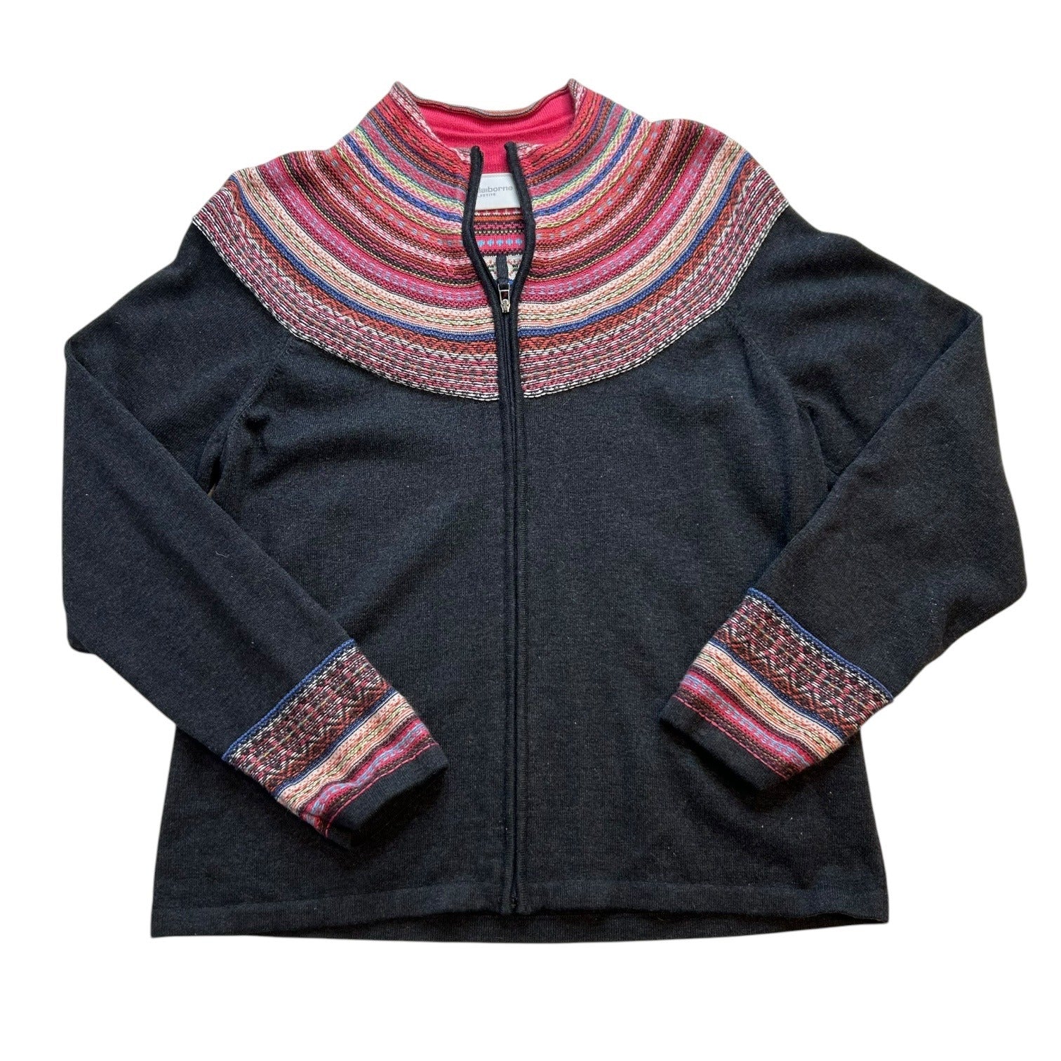 Liz Claiborne Women's Petite Large Gray with Multi-color Zip Up Knit Sweater