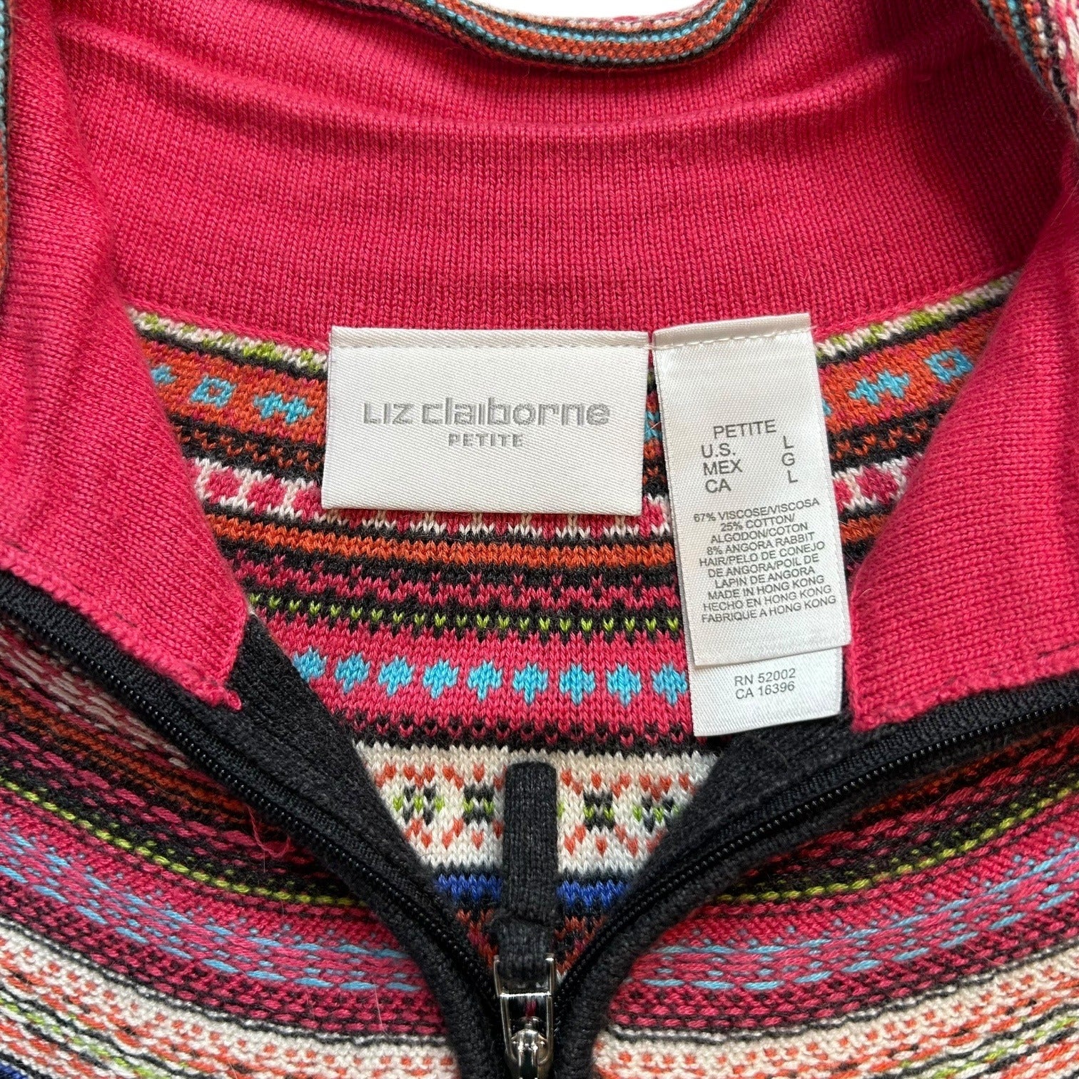 Liz Claiborne Women's Petite Large Gray with Multi-color Zip Up Knit Sweater