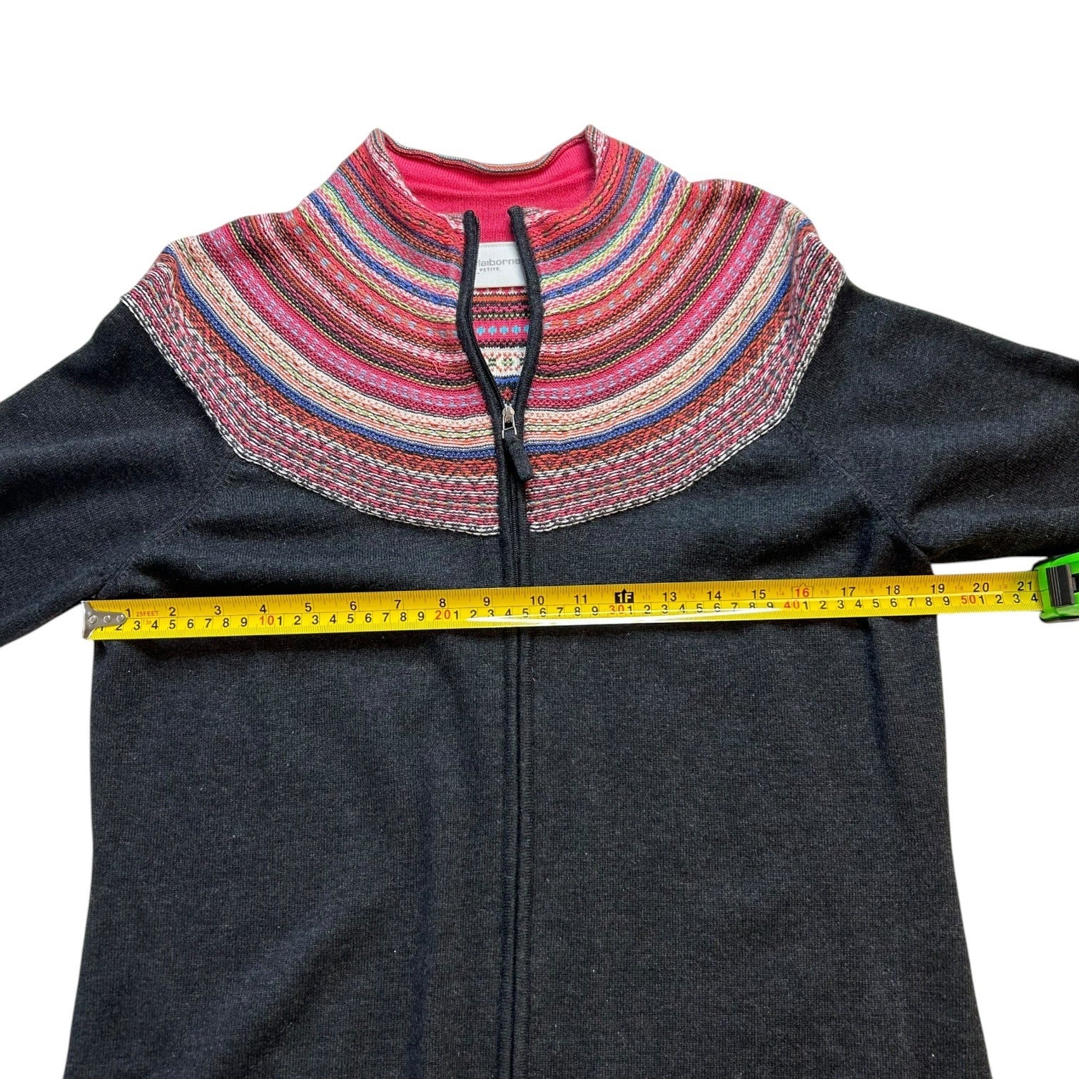Liz Claiborne Women's Petite Large Gray with Multi-color Zip Up Knit Sweater